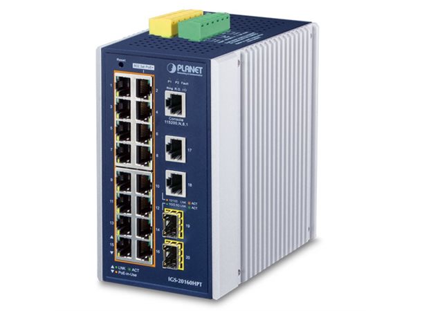 Switch Industri 16-port PoE L3 DIN Planet, IP30,16x802.3at+2x1000T+2xSFP
