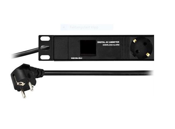Strømskinne 7 uttak Schuko 1U 2m kabel Digital volt/amp-meter, 19" montering 