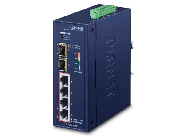 Switch Industri 4-port PoE+ Unmanag DIN Planet, 4p 802.3at, 2p 1000X SFP IP30