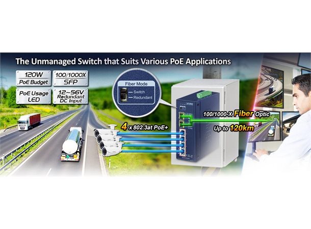 Switch Industri 4-port PoE+ Unmanag DIN Planet, 4p 802.3at, 2p 1000X SFP IP30