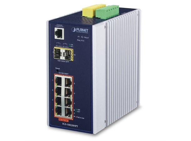 Switch Industri 8-port L2+ DIN Planet, 8p PoE+ Gbit, 2p1000Base-X SFP