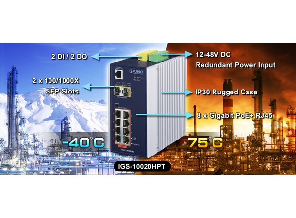 Switch Industri 8-port L2+ DIN Planet, 8p PoE+ Gbit, 2p1000Base-X SFP 