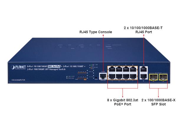 Switch PoE+ 8-port L2+ Managed Planet 8p 10/100/1000T 802.3at PoE + 2p SFP/T