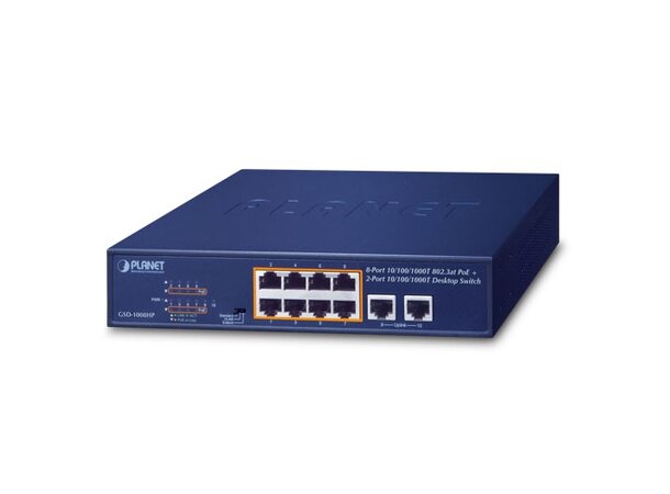 Switch PoE+ 8-Port Unmanaged Planet 8p 10/100/1000T 802.3at PoE + 2p TP 