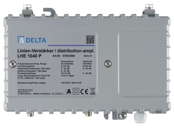 Delta forsterker LHE 1040 P, 230Vac 1GHz, 32/40dB, 65MHz retur, F-Konnektor 