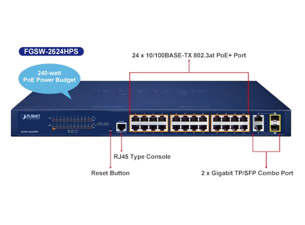 Switch PoE+ 24-Port L2/4 Managed Planet 24p 10/100/1000T 802.3at PoE + 2p TP/SFP