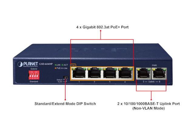 Switch PoE+ 4-Port Unmanaged Planet 4p PoE 802.3at + 2p 10-1000-T Desktop