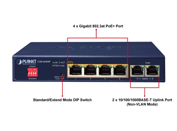 Switch PoE+ 4-Port Unmanaged Planet 4p PoE 802.3at + 2p 10-1000-T Desktop 