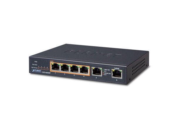 Switch PoE+ 4-Port Unmanaged Planet 4p PoE 802.3at + 2p 10-1000-T Desktop 