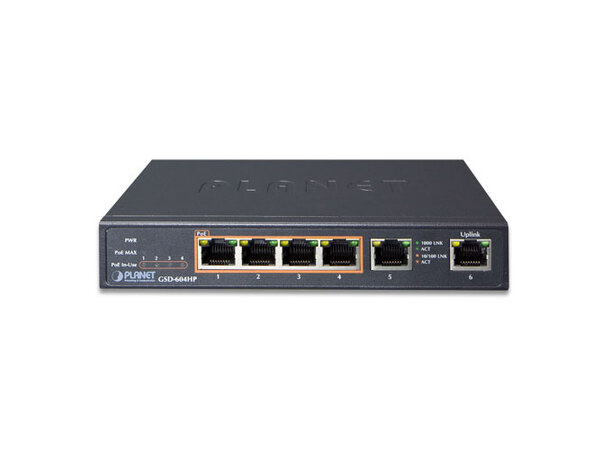 Switch PoE+ 4-Port Unmanaged Planet 4p PoE 802.3at + 2p 10-1000-T Desktop 