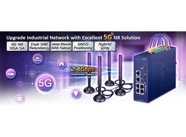 Industri Gateway 5G/4G LTE m/AP-ctrl 5-port 10/100/1000T, 2x SIM 