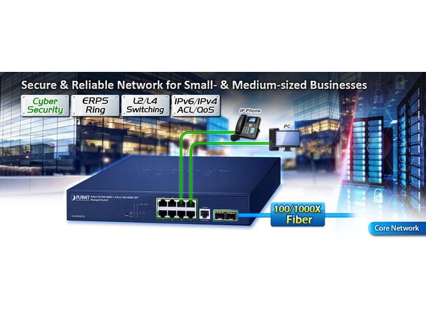 Switch LAN 8p Layer2/4 Managed Planet 8x 10/100/1000-T + 2x 100/1000-XSFP 