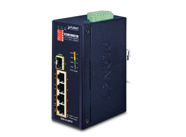 Switch Industri 4-port PoE+ Unmanag DIN Planet, 4p 802.3at,1p 100FX SFP, IP30 