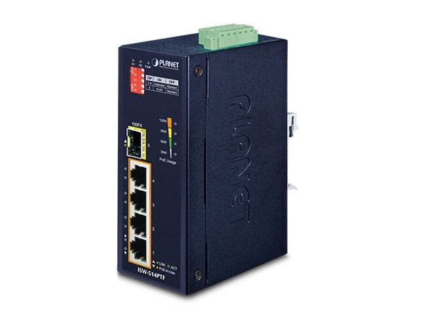 Switch Industri 4-port PoE+ Unmanag DIN Planet, 4p 802.3at,1p 100FX SFP, IP30