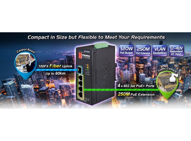 Switch Industri 4-port PoE+ Unmanag DIN Planet, 4p 802.3at,1p 100FX SFP, IP30 