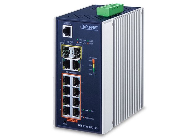 Switch Industri 8-port POE+ L2/4 DIN Planet: 8p PoE+, 2p 1000T, 2x SFP, IP30 