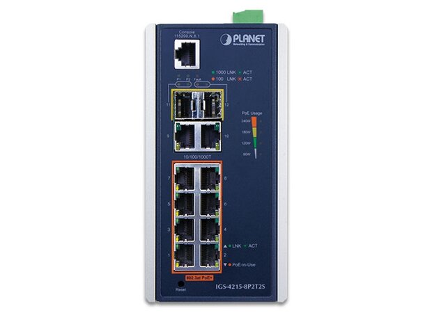 Switch Industri 8-port POE+ L2/4 DIN Planet: 8p PoE+, 2p 1000T, 2x SFP, IP30 