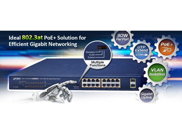 Switch PoE+ 16-Port Unmanaged Planet 16p 10/100/1000T 802.3at PoE + 2p SFP 