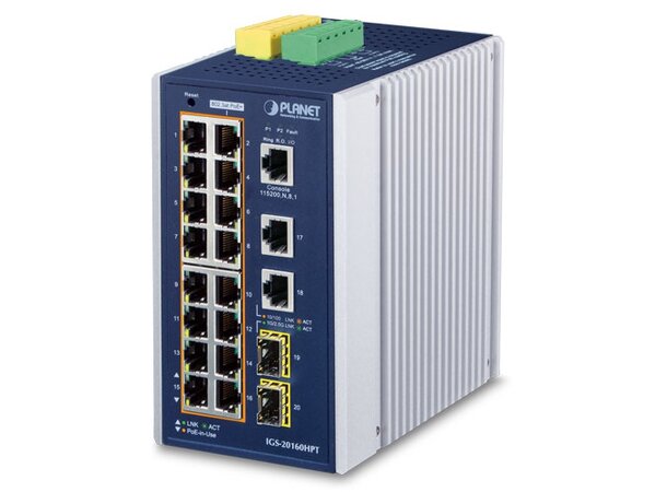 Switch Industri 16-port PoE L3 DIN Planet, IP30,16x802.3at+2x1000T+2xSFP 