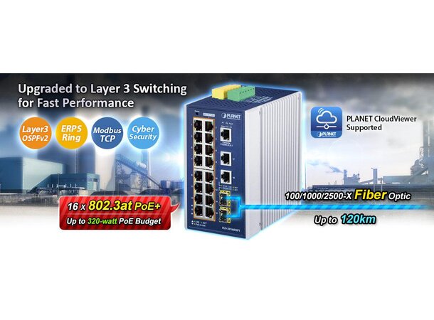 Switch Industri 16-port PoE L3 DIN Planet, IP30,16x802.3at+2x1000T+2xSFP 