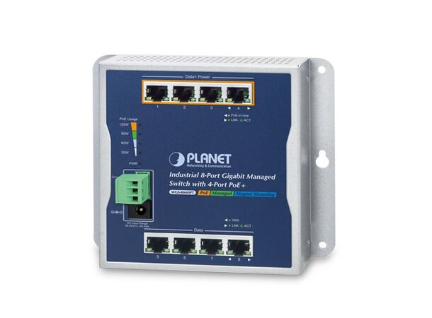 Switch Industri L2/4 8-port (4p PoE+) 10/100/1000T, 144w, -40 til 75 gr, IP30 