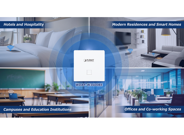 TrådløsAksesspunkt WiFi 7 In-Wall Planet 3600Mbps 802.11be, PoE+, 2x10/100/1000T 